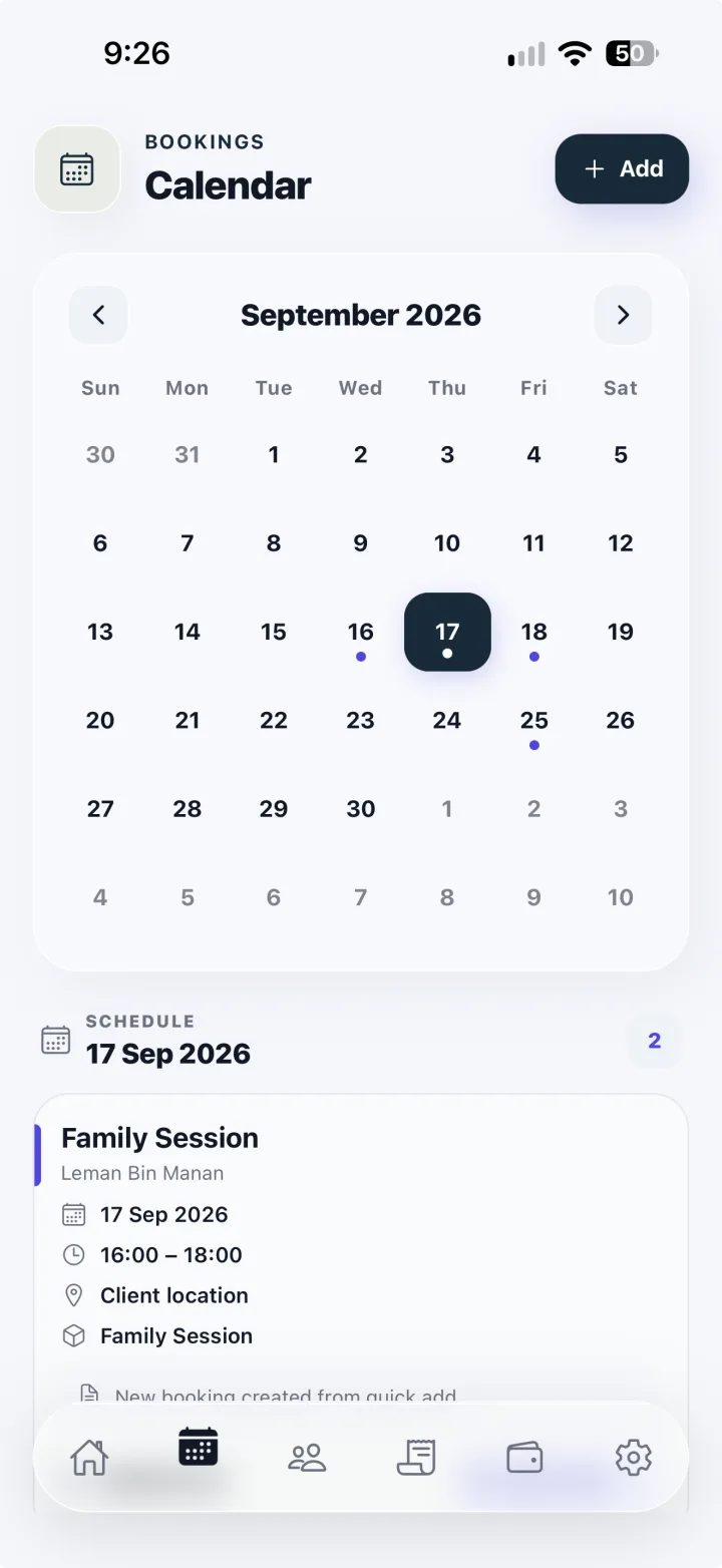 BookFlow bookings calendar for September with booked days marked and a Family Session scheduled for 17 September